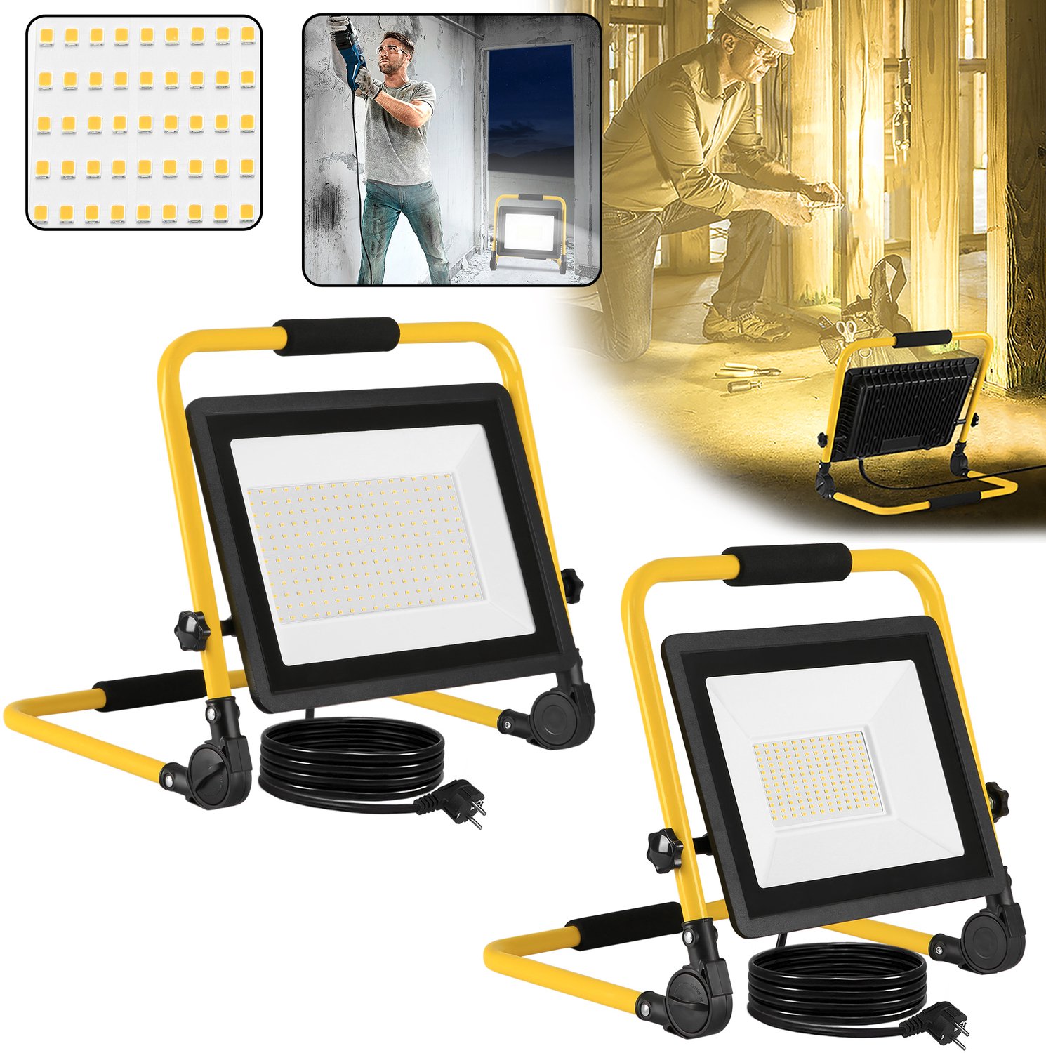 Aufun 100W LED Baustrahler - Kaltweiß - Met 3M Kabel - Standvoet & Draaggreep - voor Tuin & Garage