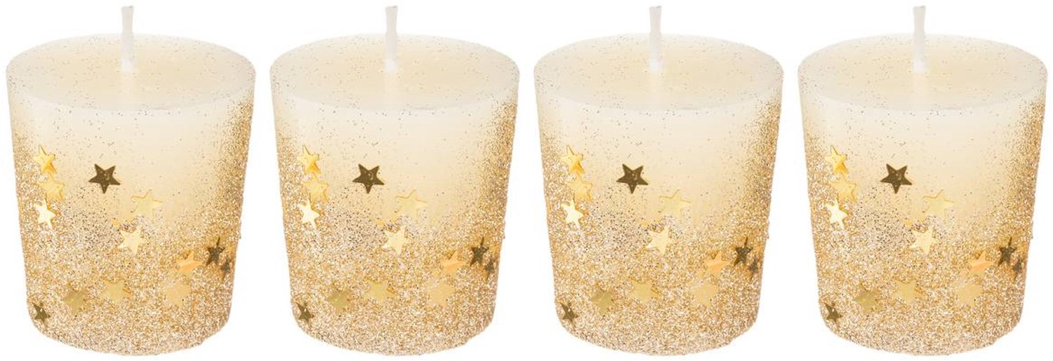 Feeric lights & Christmas 4 votiefkaarsen medium - Glitters & goud - Brand uren 7 - Hoogte 5 cm Wit - Goud - glitters