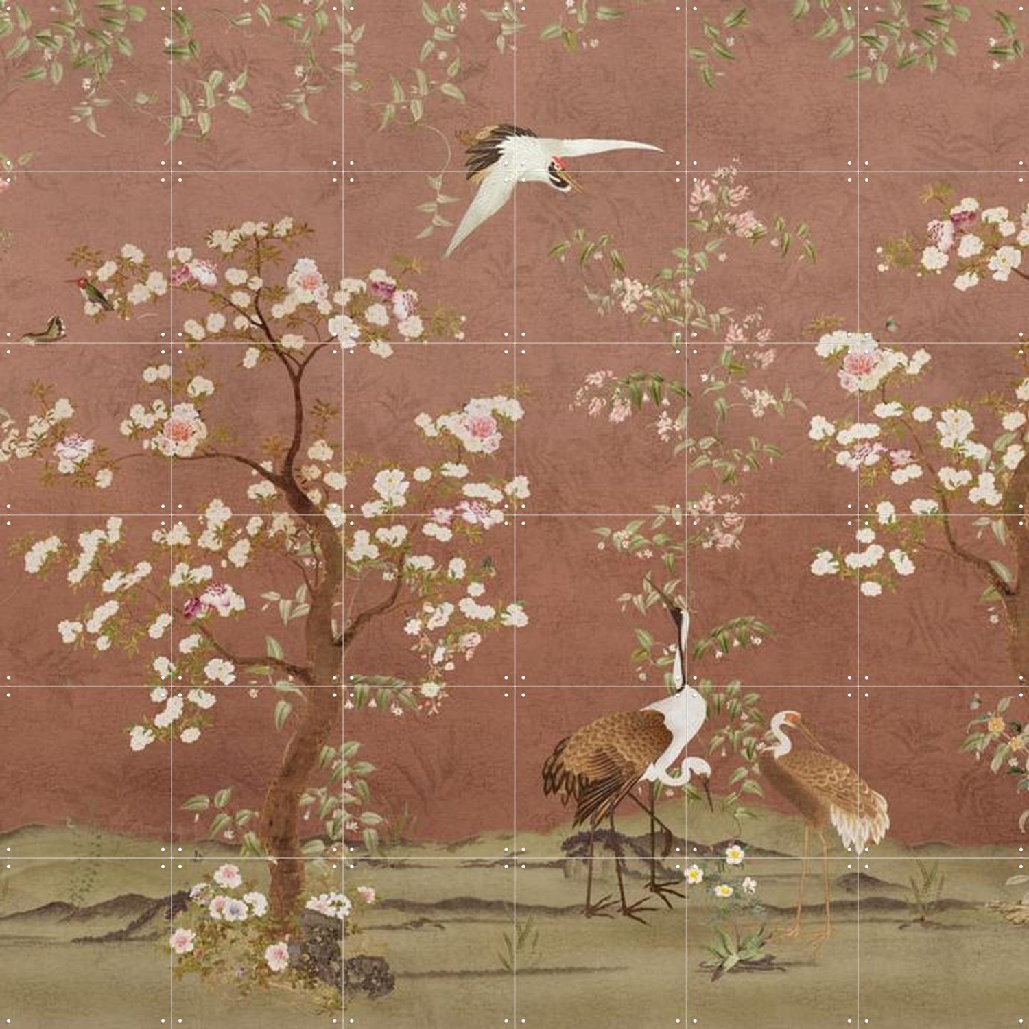 IXXI Chinoiserie Birds And Blossom Trees Terracotta, Bloomery Decor - 120 x 120 cm - Grote wanddecoratie en posters - Fantasierijk, Decoratieve Warme kleuren / Rood / Roze