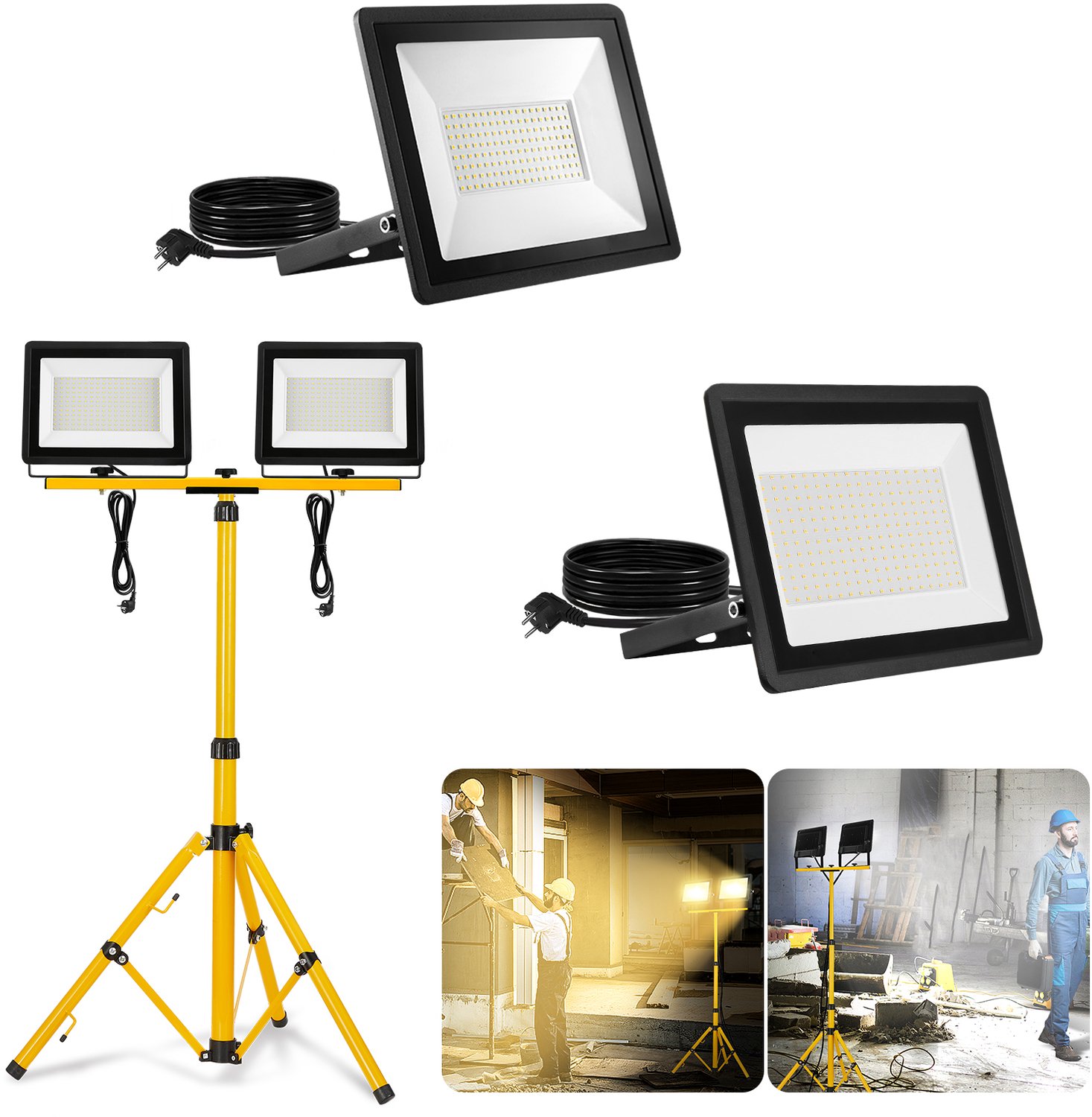 Aufun 2x200W LED Baustrahler - Warmwit - Met Stativ & 3M Kabel - Voor Garage, Tuin & Baustelle