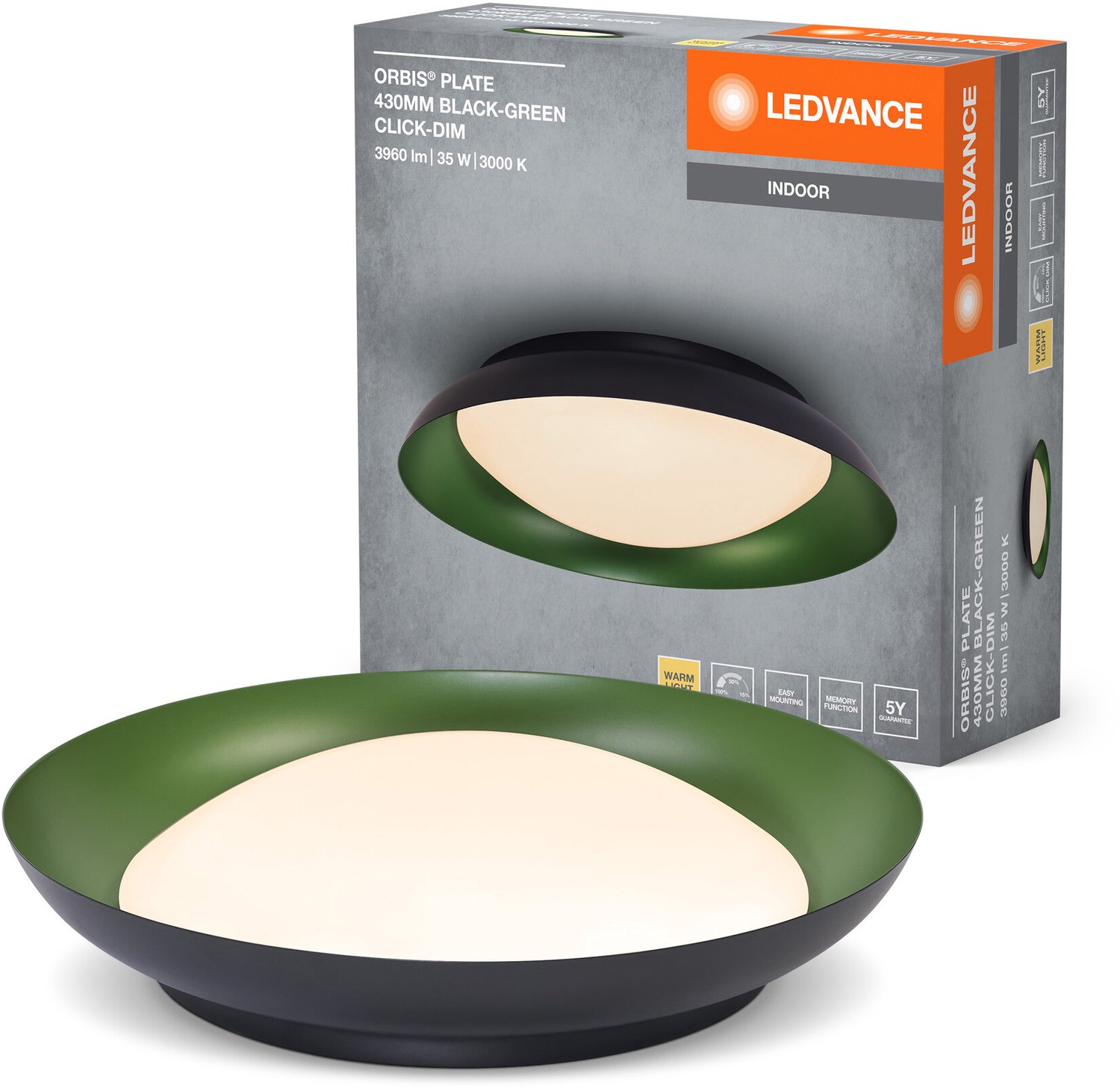 LEDVANCE Orbis Plate LED plafondlamp, zwart-groen, 35W, 1700lm, 3000K, 430mm, 830 vriendelijk warm wit, dimbaar in 3 niveaus door te trappen, IP20 bescherming, inclusief montageschroeven en pluggen Zwart|Groen
