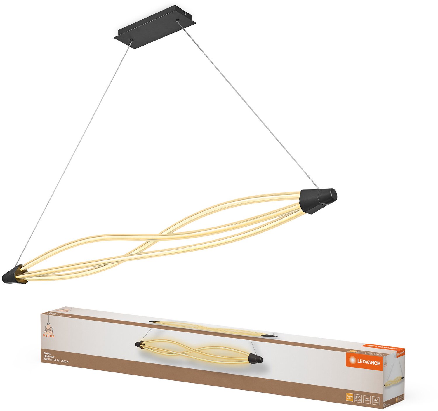 LEDVANCE Decor Swirl hanglamp van gebogen polycarbonaat met LED en filamentontwerp, 22 W, 2400 lm, 3000 K, 830 warm wit, click dimbaar, donkergrijs, kunststof (PC), IP20