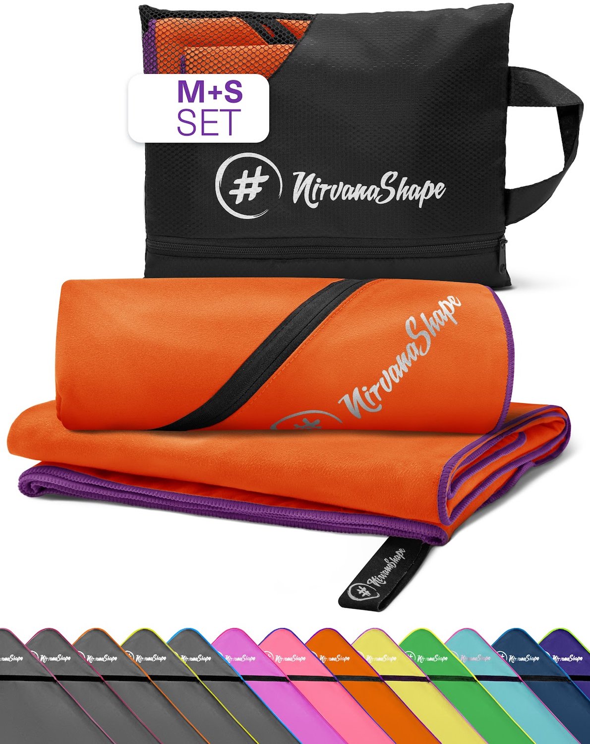 NirvanaShape - microvezel handdoek - strandlaken en badlaken - sneldrogend en absorberend - sporthanddoek met slimme hoekzak - set van 2: 120 x 60 cm + 60 x 40 cm - Oranje / Paarse Rand
