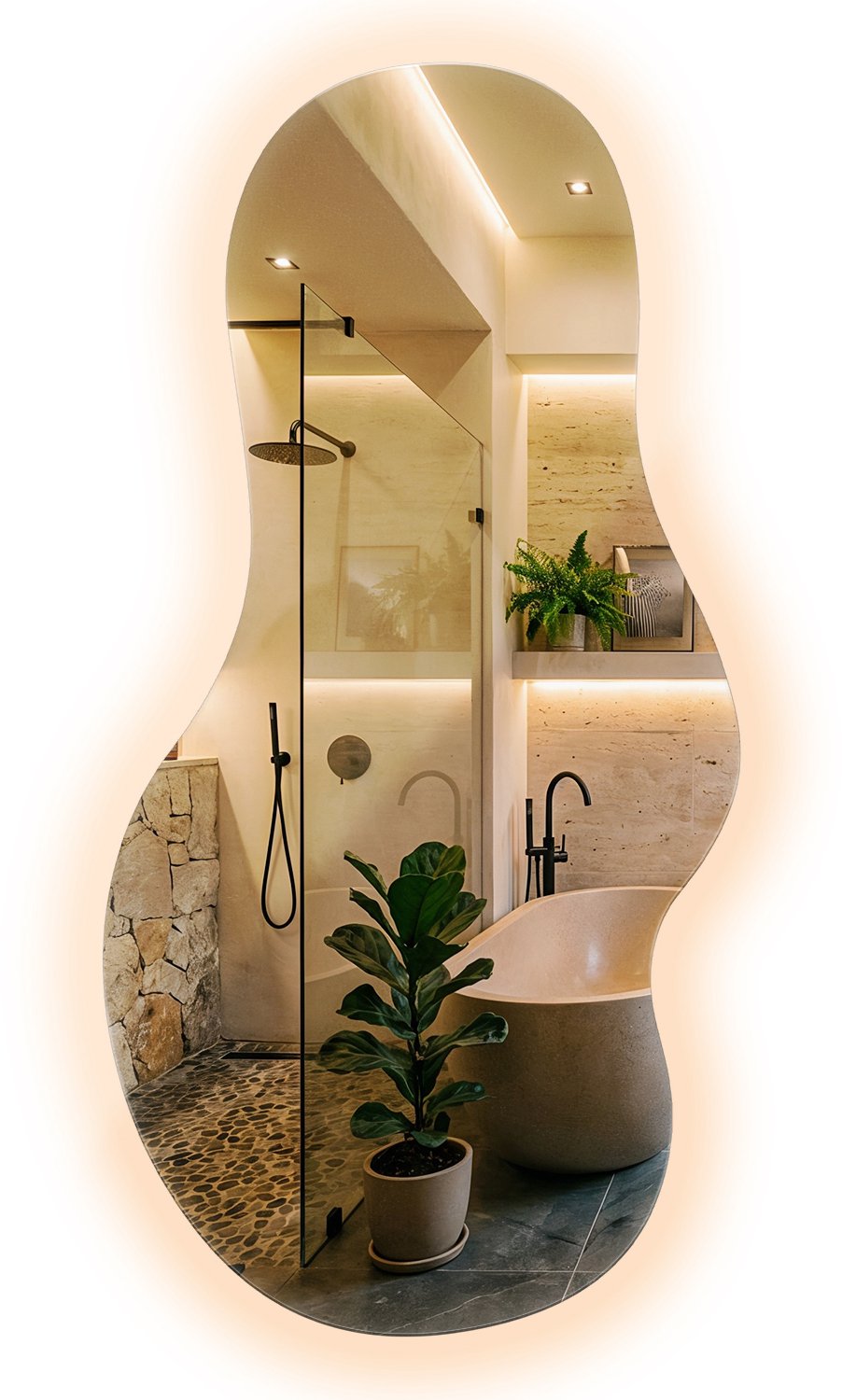 WallMuralia - Asymmetrische spiegel - 50 x 100 cm - Spiegel met verlichting - Organische spiegel - Wandspiegel LED Warm licht - Decoratieve wandspiegel