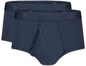 Set van twee donkerblauwe herenslips met gulp en Ten Cate logotailleband.