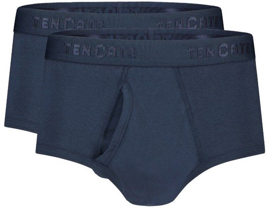 Set van twee donkerblauwe herenslips met gulp en Ten Cate logotailleband.