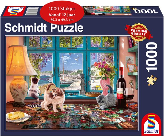 Boîte de puzzle Schmidt de 1000 pièces représentant des chatons près d'une fenêtre avec vue sur un port.