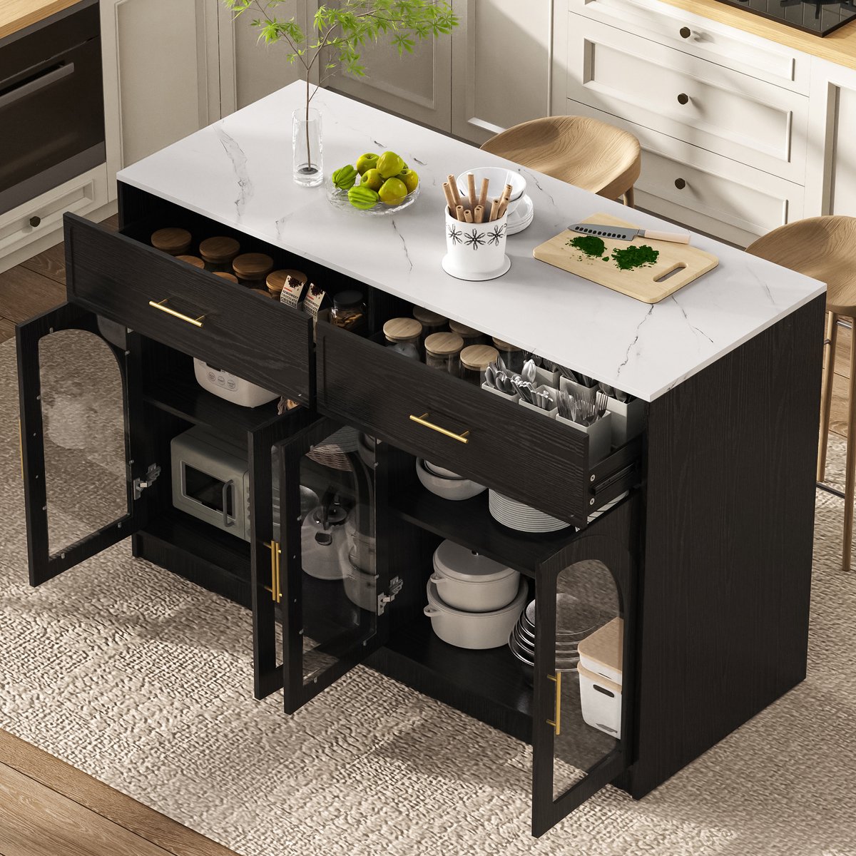 REDOM - Keukeneiland - Groot werkblad - Verstelbare legplanken en lades - LED-verlichting - Keuken en eetkamer - MDF - Zwart - 135 x 55 x 91 cm