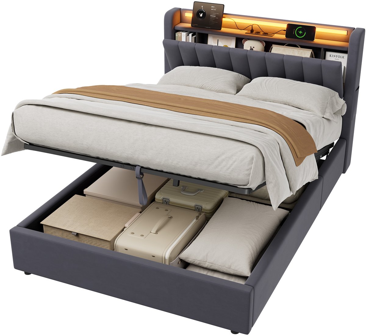 MODENUIT Gestoffeerd Bed 140x190 cm – Bedframe met Opbergruimte, USB-poort en LED-verlichting – Donkergrijs – Zonder matras