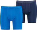 Twee PUMA boxershorts: een helderblauwe en een marineblauwe, beide met PUMA logo op de grijze tailleband.