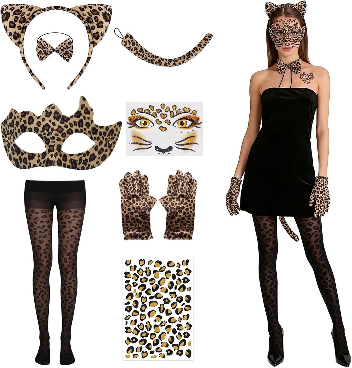 8-delige damesoutfit met luipaardprint, inclusief leggings, oren, haarband en staart voor carnaval, Halloween en feestjes