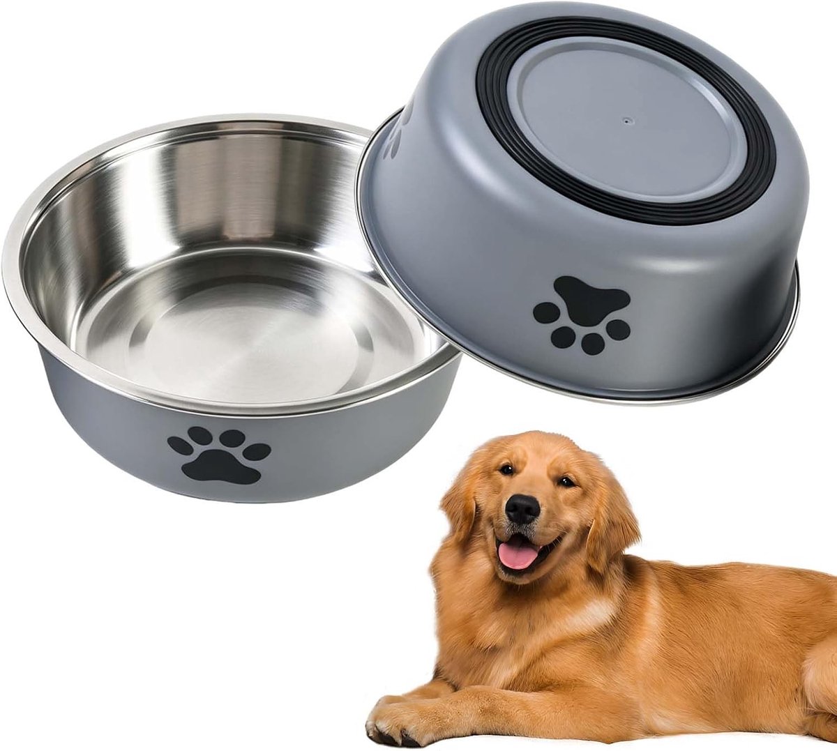 Set van 2 RVS Voer- en Drinkbakken (850 ml) met Antislip Siliconen Basis voor Kleine en Middelgrote Honden