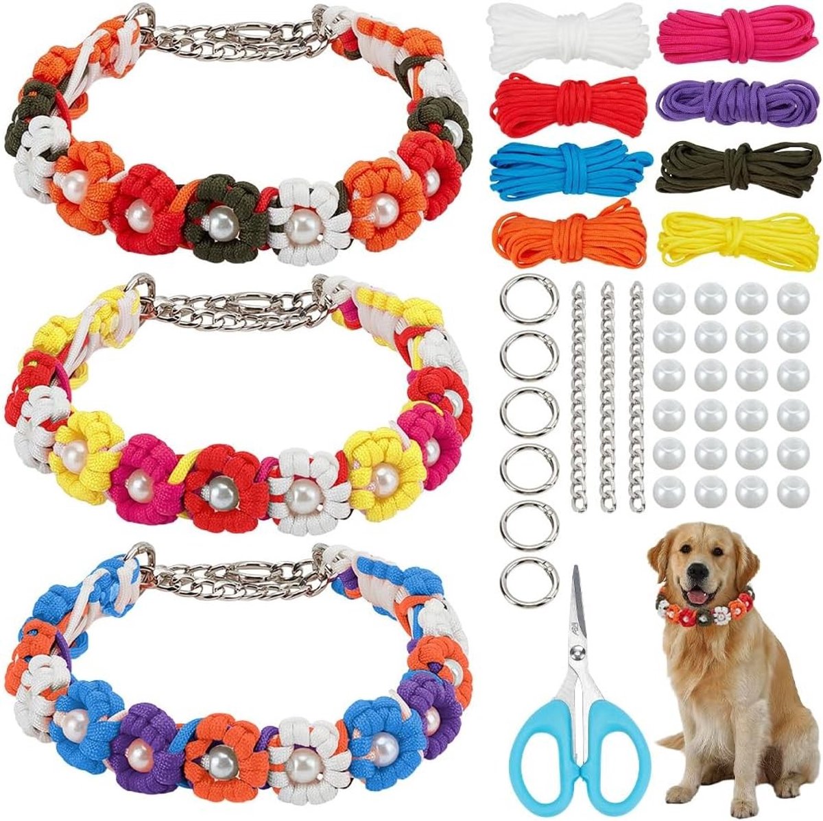 Set van 3 Bohemian Handgeweven Hondenhalsbanden, DIY Dieraccessoires, Verstelbaar en Kleurrijk met Zachte Katoenen Paracord