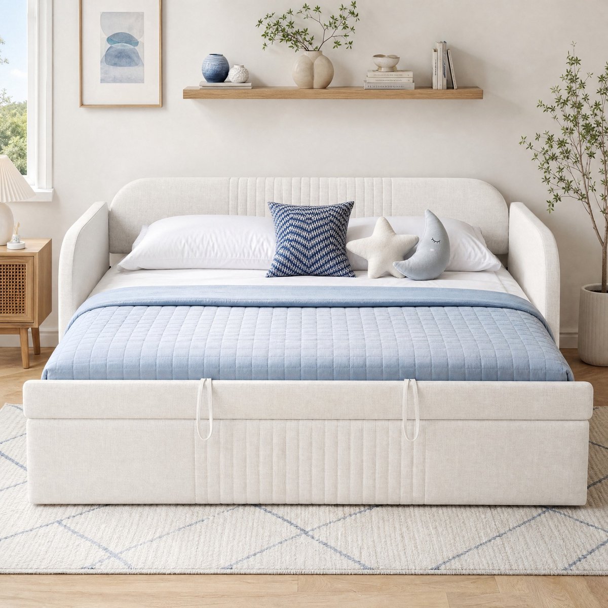 COVREO Slaapbank met lattenbodem – 90x190/180x190 cm – Bedbank van stof en metaal – 300 kg draagkracht – Beige - zonder matras