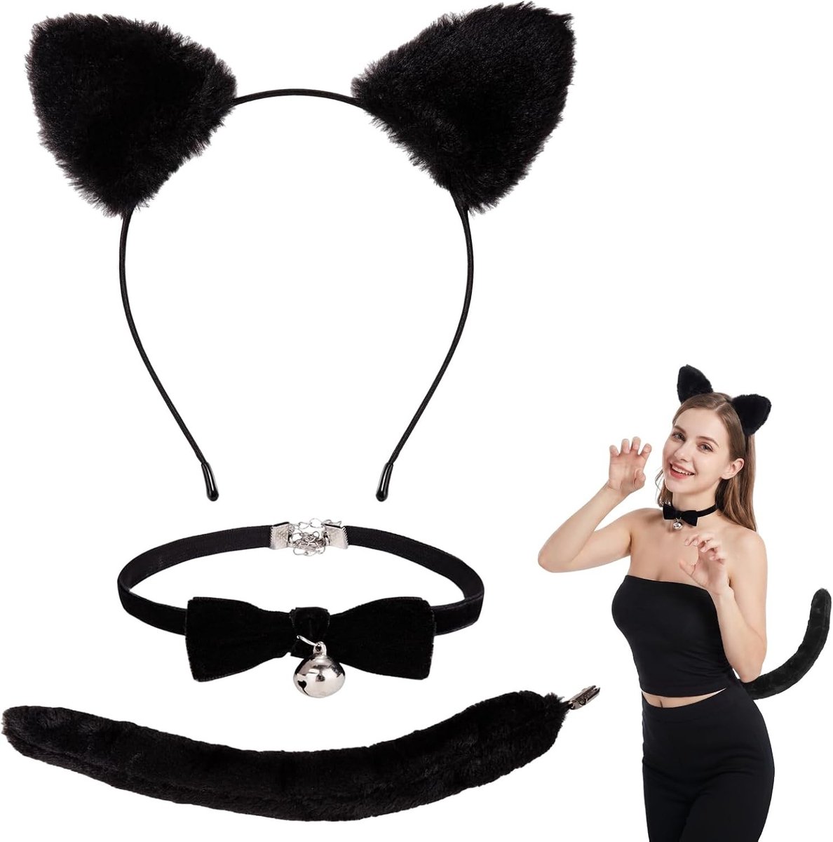 Schattige kattenoren haarband met halsketting en kattenstaart voor vrouwen - Perfect voor Halloween, carnaval en kostuumfeesten