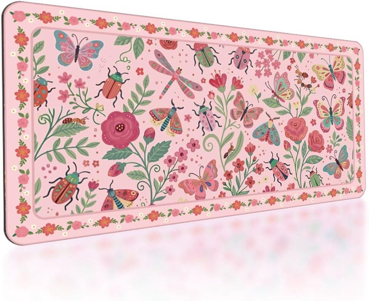Grote antislip gaming muismat met vintage libelle en vlinder design voor computer en laptop, waterdicht en perfect voor thuiskantoor, 80 x 40 cm