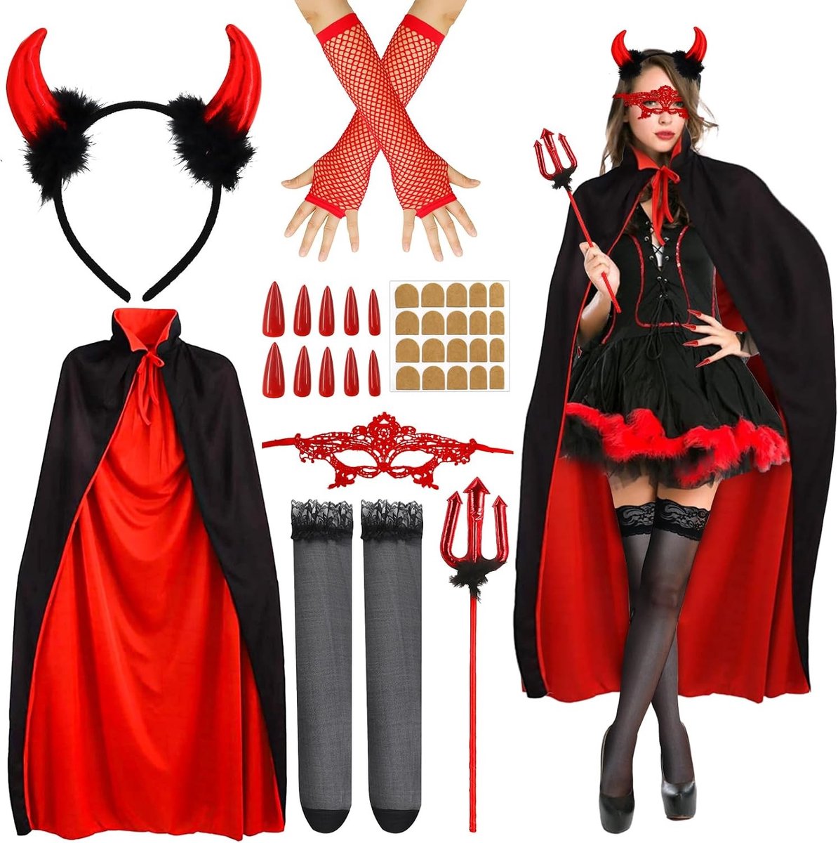 Carnaval Kostuum voor Dames met Cape, Hoofdband, Handschoenen en Leggings - Sexy Duivel Cosplay voor Halloween en Feestjes