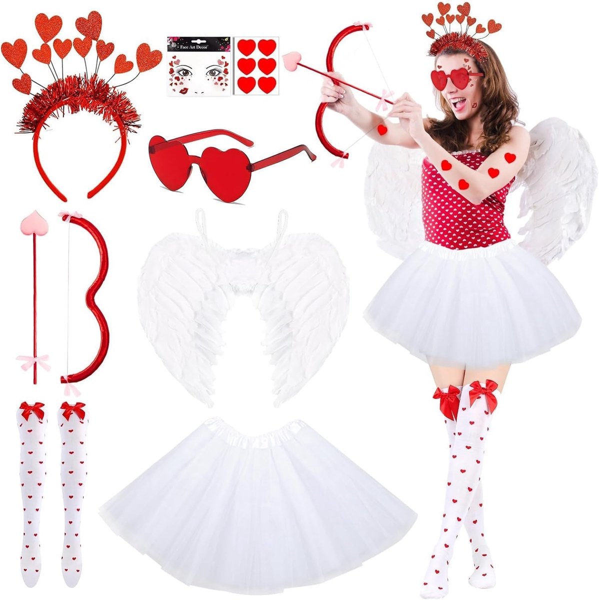 Vrouwelijk Kostuum Set met Tulle Rok, Engel Vleugels, Cupido Boog en Hartaccessoires voor Valentijnsdag