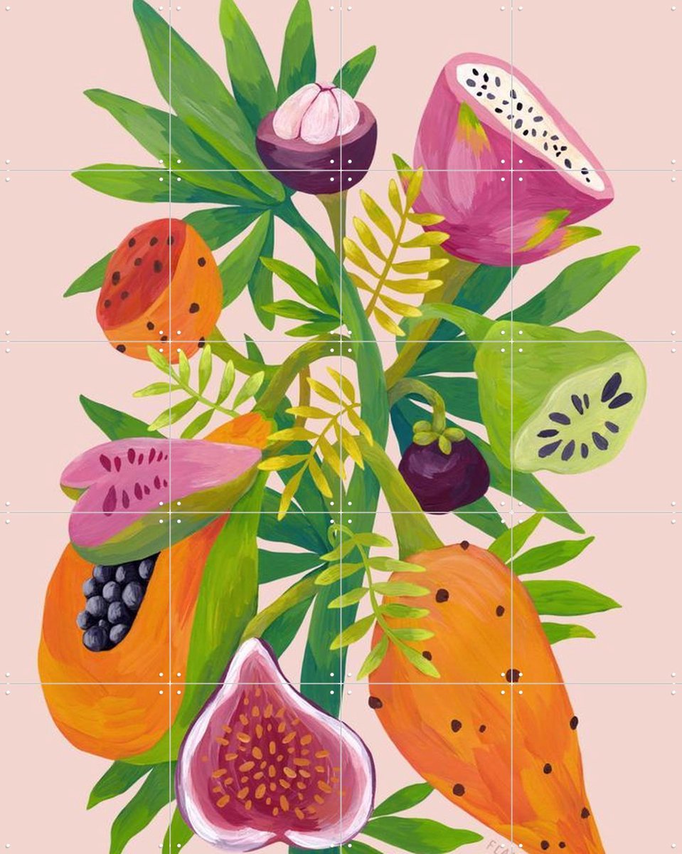 IXXI Exotic Fruits pink, Flaming Garden - 80 x 100 cm - Gratis ophangtool - Grote wanddecoratie en posters - Digitale Kunst, Speels, Kleurrijk