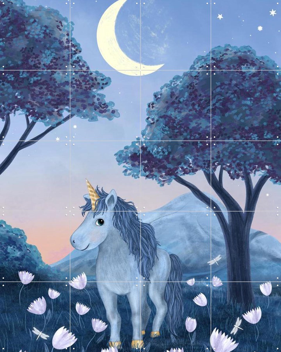 IXXI Moonlight Unicorn, EMELIEmaria & Various - 80 x 100 cm - Gratis ophangtool - Grote wanddecoratie en posters - Fantasierijk, Illustraties, Speels