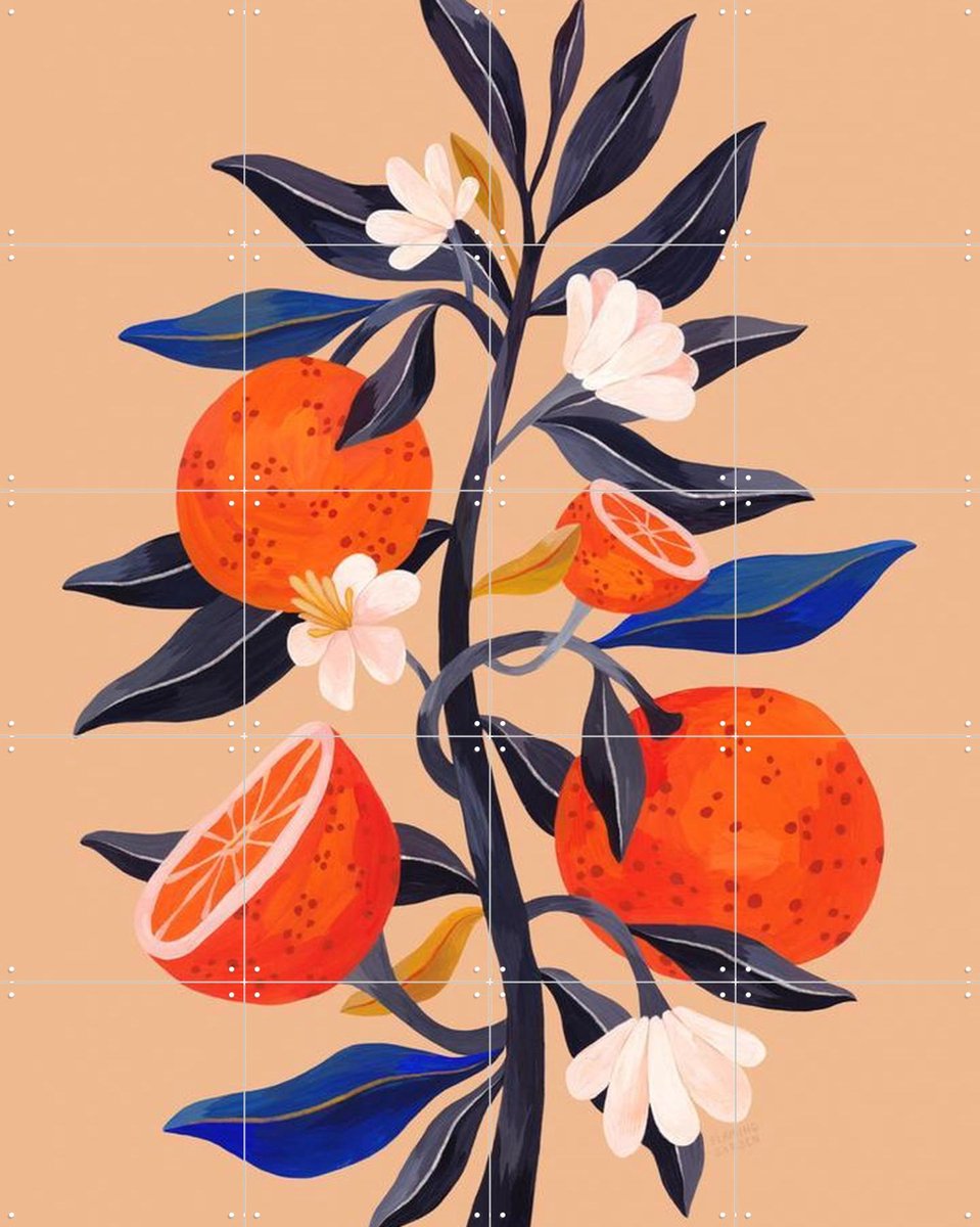 IXXI Orange Tree, Flaming Garden - 80 x 100 cm - Gratis ophangtool - Grote wanddecoratie en posters - Illustraties, Kleurrijk, Eten & Drinken