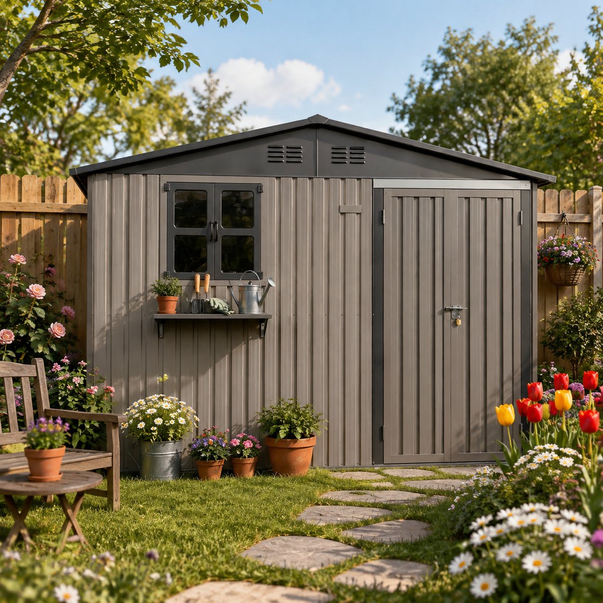 Buitenopslagschuur Bruin gegalvaniseerd staal 295x243,6 cm - Met openslaande ramen - Afsluitbare deur - Waterdicht - Met bloemenrek - Geschikt voor tuin, terras en achtertuin