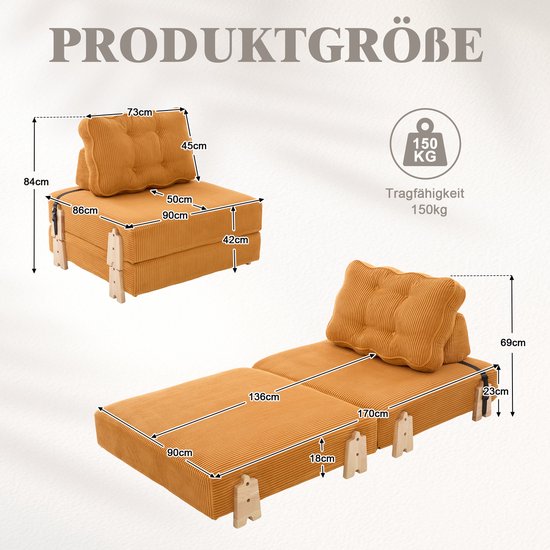 Afmetingen van de oranje corduroy slaapfauteuil in stoel- en bedstand.