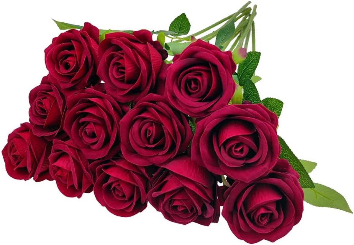 12 stuks kunstrozen, levensechte fluwelen bloemen met lange steel neprozen voor bruidsboeket thuisfeest kantoor - ShopVlot