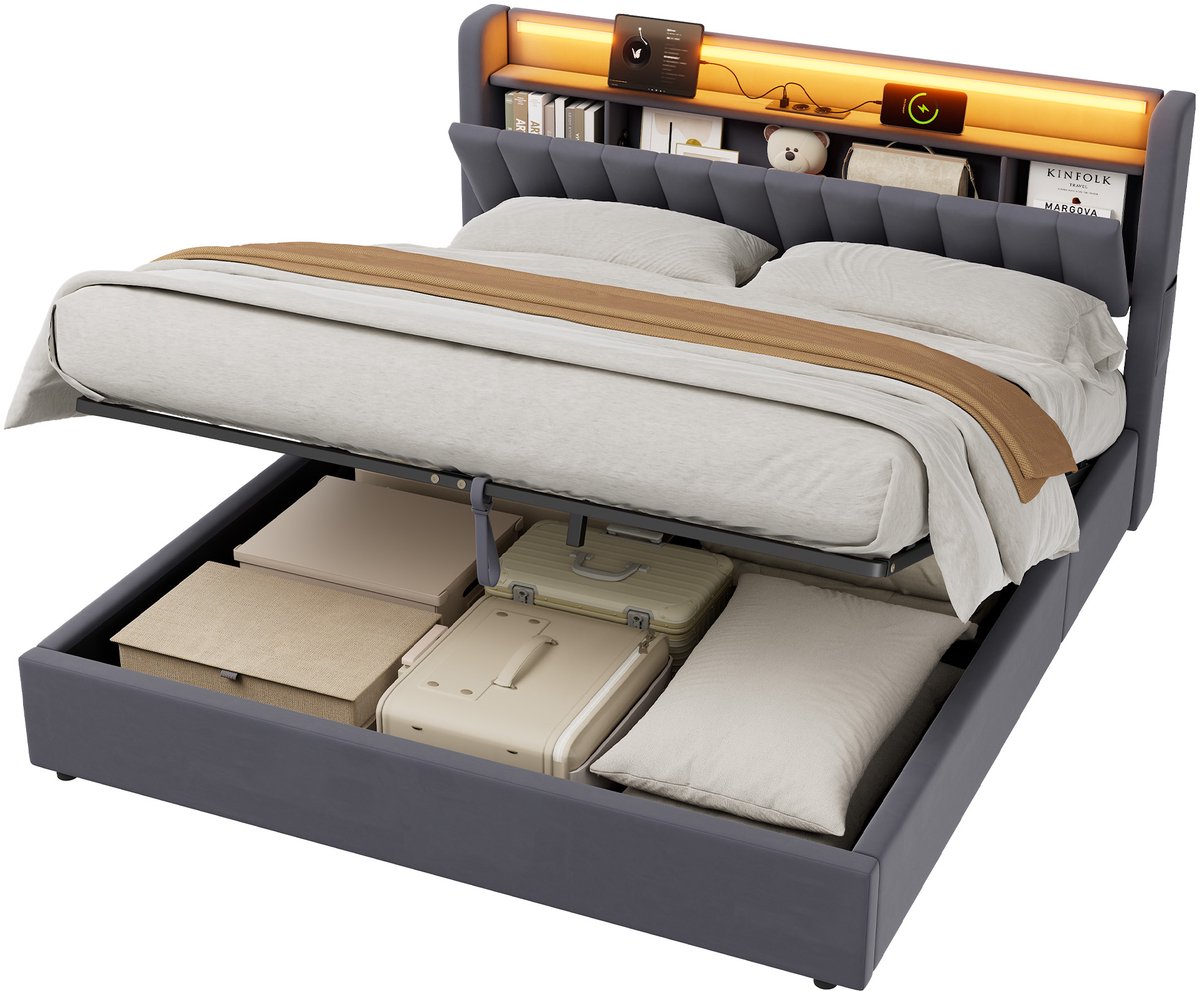 DESMIU Gestoffeerd Bed 180x200cm - Hoofdbord Met Usb-aansluiting En Sfeerverlichting - Opbergruimte Onder Het Bed - Voor 2 Personen - Fluweel En Metaal - Donkergrijs - Zonder Matras