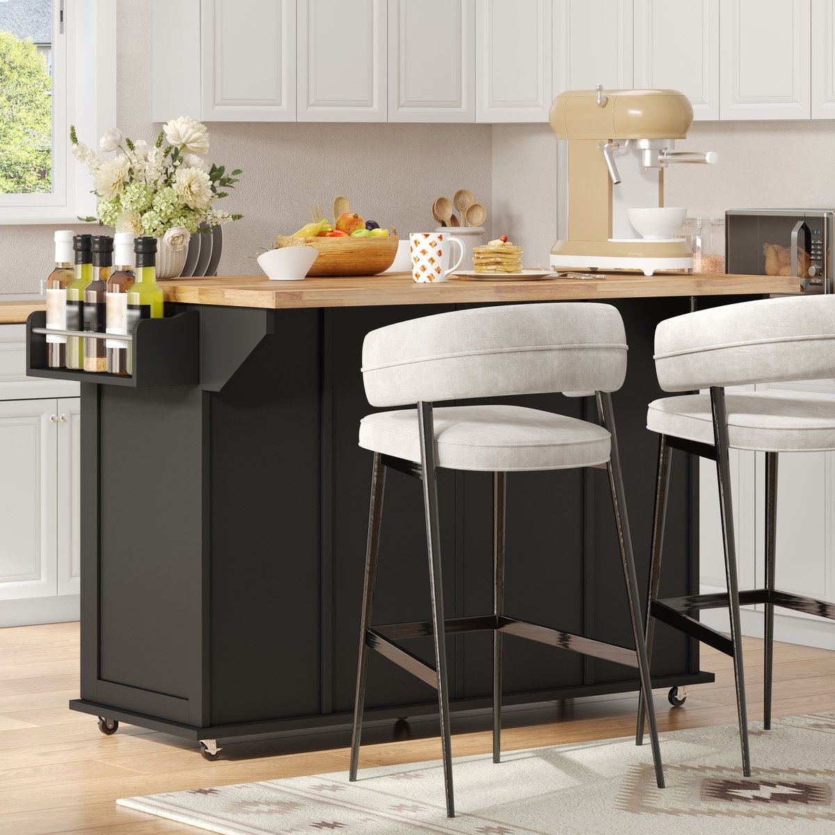 Mobiele Keuken Eiland Met Klapbaar Werkblad En 3 Lades En Deurvakken Voor Keuken En Eetruimte MDF Zwart Naturel 120 X 70 X 87 Cm