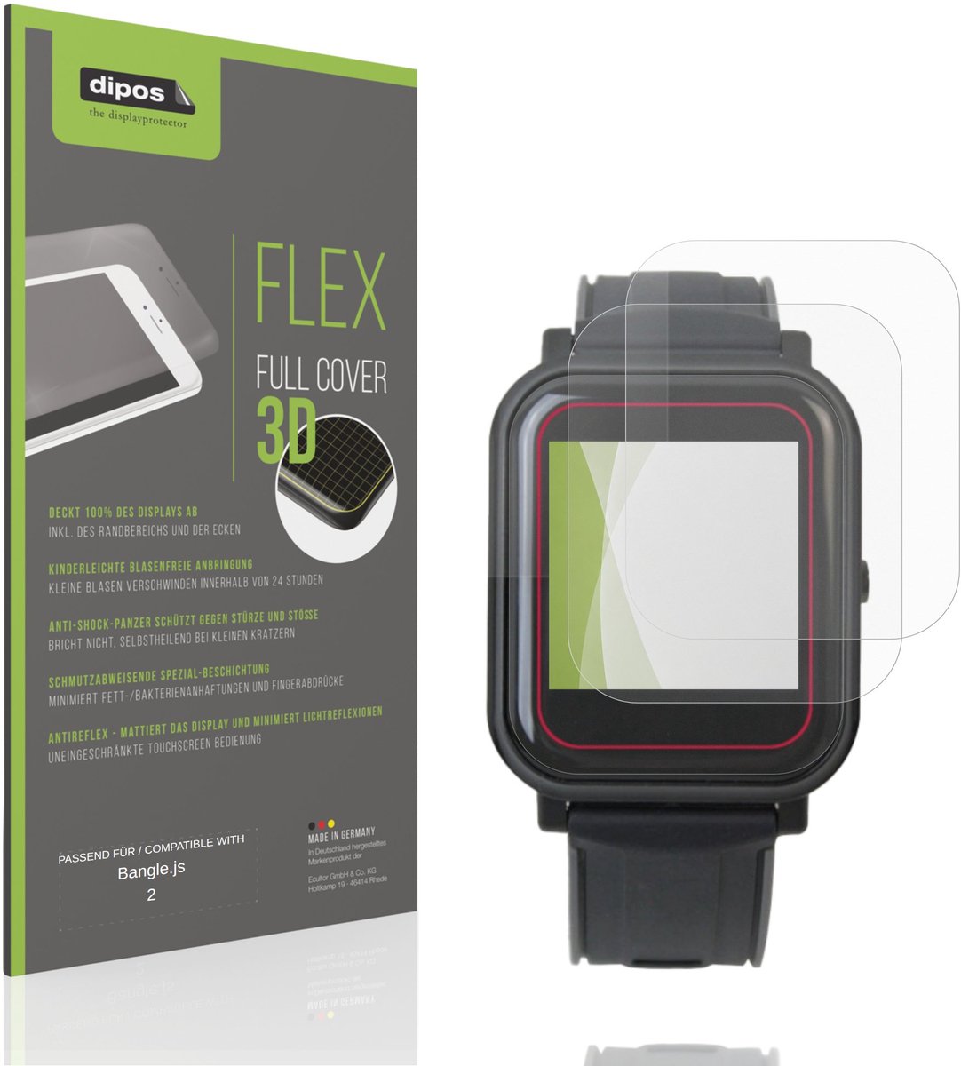 dipos FLEX – 2x Matte Screenprotector geschikt voor Bangle.js 2 | Volledige Schermbescherming | Case-Friendly