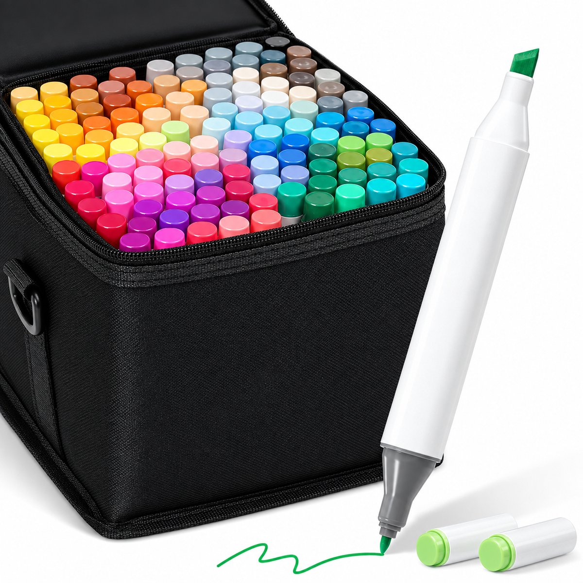 Alcoholmarkers Set – 120 Kleuren – Dubbele Punt met Fijne en Beitelpunt – Sneldrogend – Inclusief Etui