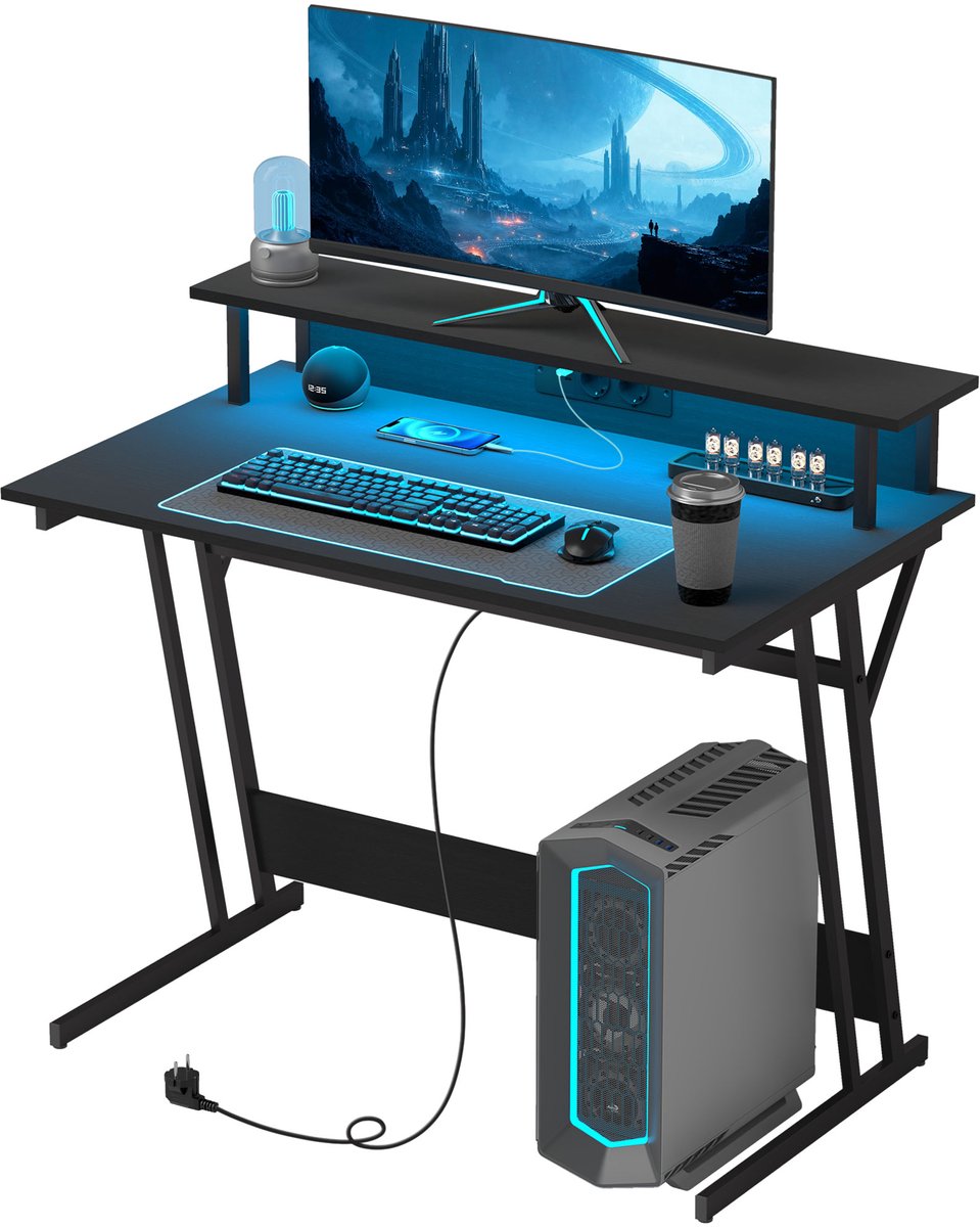 Gaming bureau - LED-verlichting - Monitorsteun - Werkblad 100x60 cm - Spaanplaat en staal - Zwart