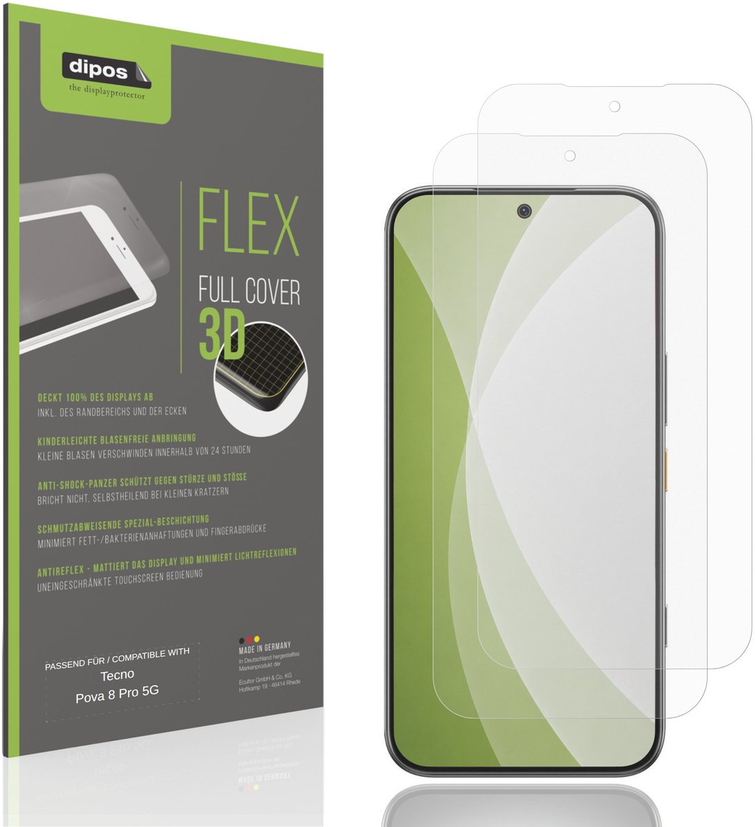 dipos FLEX – 2x Matte Screenprotector geschikt voor Tecno Pova 8 Pro 5G | Volledige Schermbescherming | Case-Friendly
