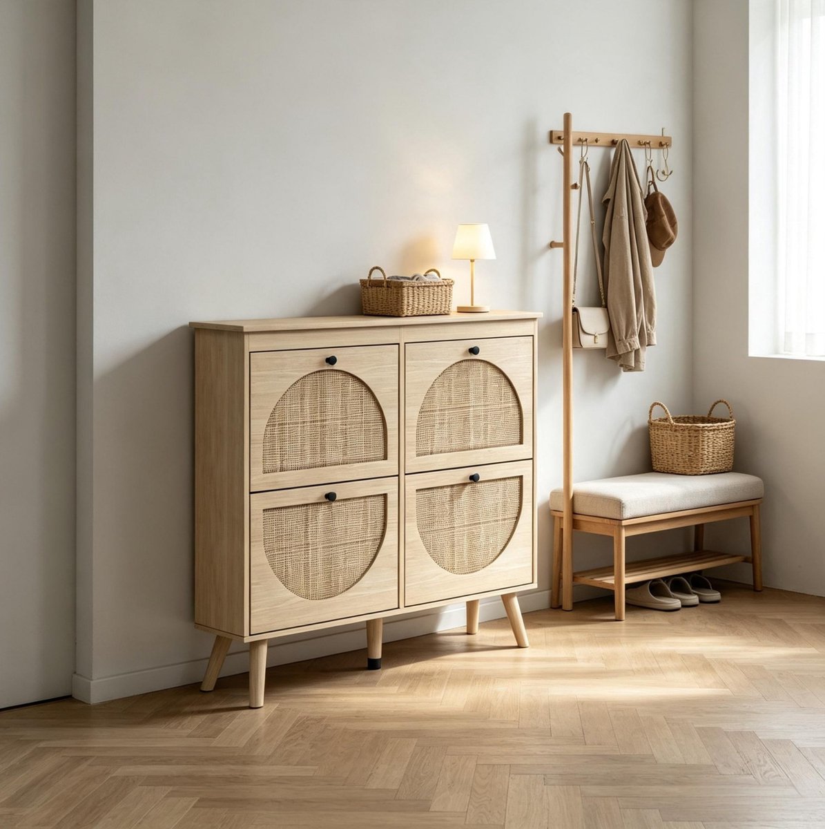 REDOM - Schoenenkast - 4 kleppen met verstelbare planken - Opbergruimte voor 20 paar schoenen - Bohemian stijl - Hal en entree - Spaanplaat en hout - Natuurlijk hout - 105 x 24 x 97,5 cm