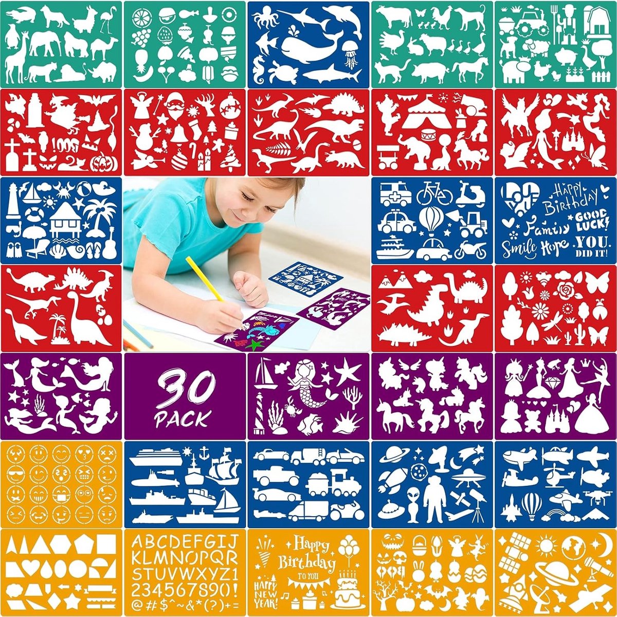 30 Stuks Kleurrijke Teken Templates voor Kinderen - Dieren, Zeemeerminnen, Dinosaurussen en Auto's voor Feestjes en Creatieve Activiteiten
