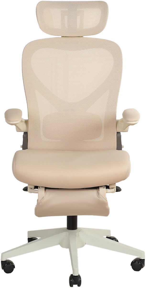 OKWISH Bureaustoel – Opvouwbare Ergonomische Stoel met Mesh Rugleuning en Hoofdsteun – Voor Werk, Studie en Spel – Crème
