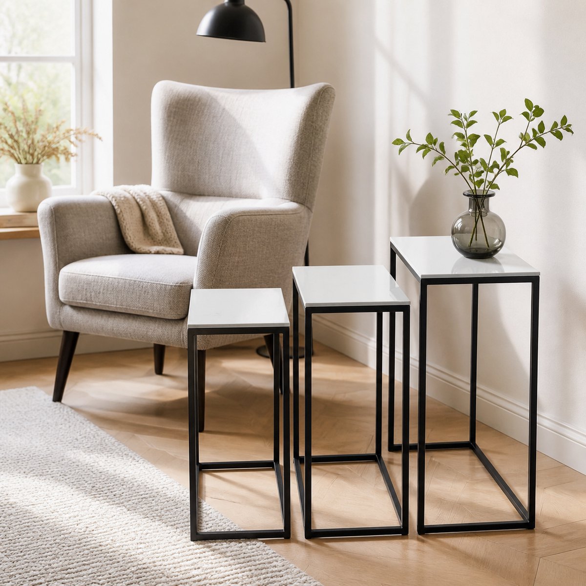 Hoppa! - Bijzettafels Set van 3 - Zwart/Nikkel - 52 x 52 x 66 (B x D x H)