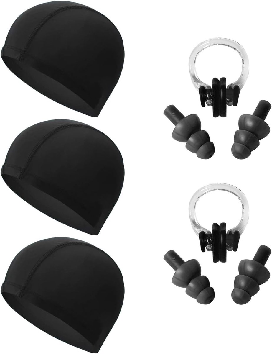 3 Stuks Zwemcaps voor Volwassenen, 2 Paar Neusriemen en Oordopjes, Elastisch en Comfortabel, Unisex, Ideaal voor Zwemtraining en Recreatief Zwemmen