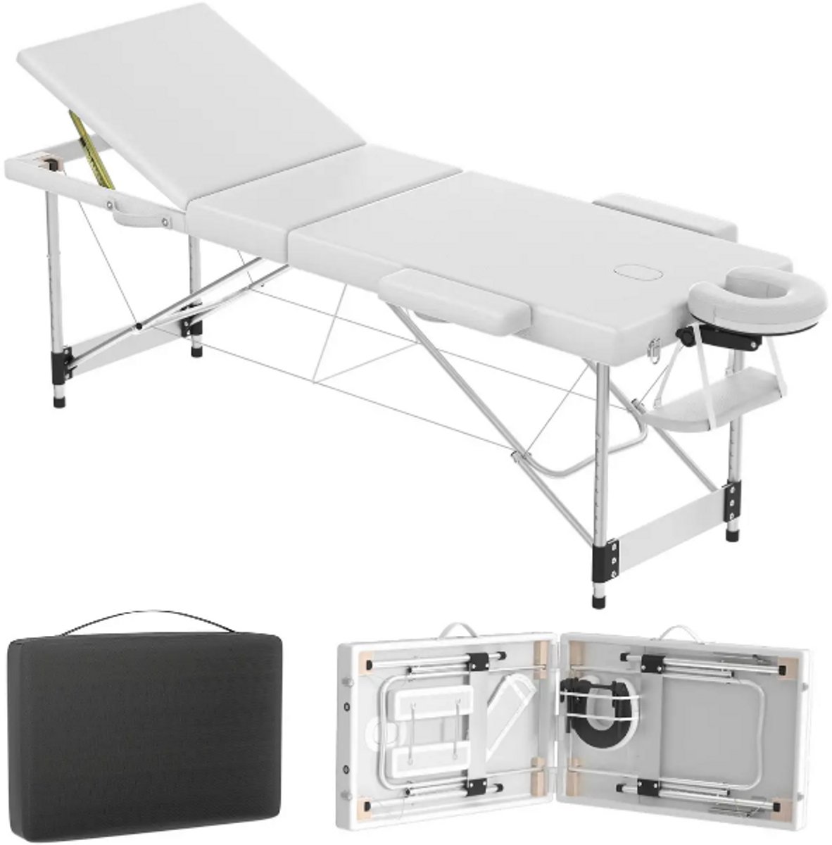 Massage Tafel – Opvouwbaar – In Hoogte Verstelbaar – 212 x 80 cm – 230 kg Draagvermogen – Inclusief Hoofdsteun, Armsteunen en Beensteun – Wit