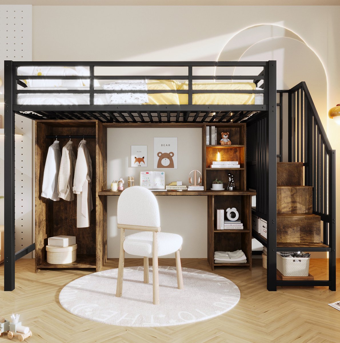COVREO Hoogslaper met bureau en kledingkast – 90x200 cm – Bed van metaal en MDF – met opbergruimte en trap – Zwart - zonder matras