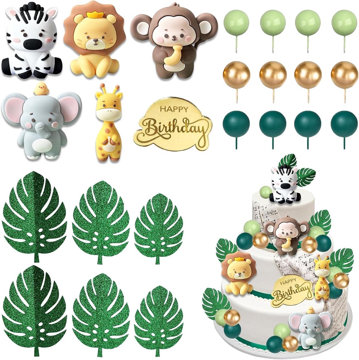 Jungle Dieren Cake Decoraties - 27 Stuks Safari Taart Toppers met Bladeren voor Kinderfeestje