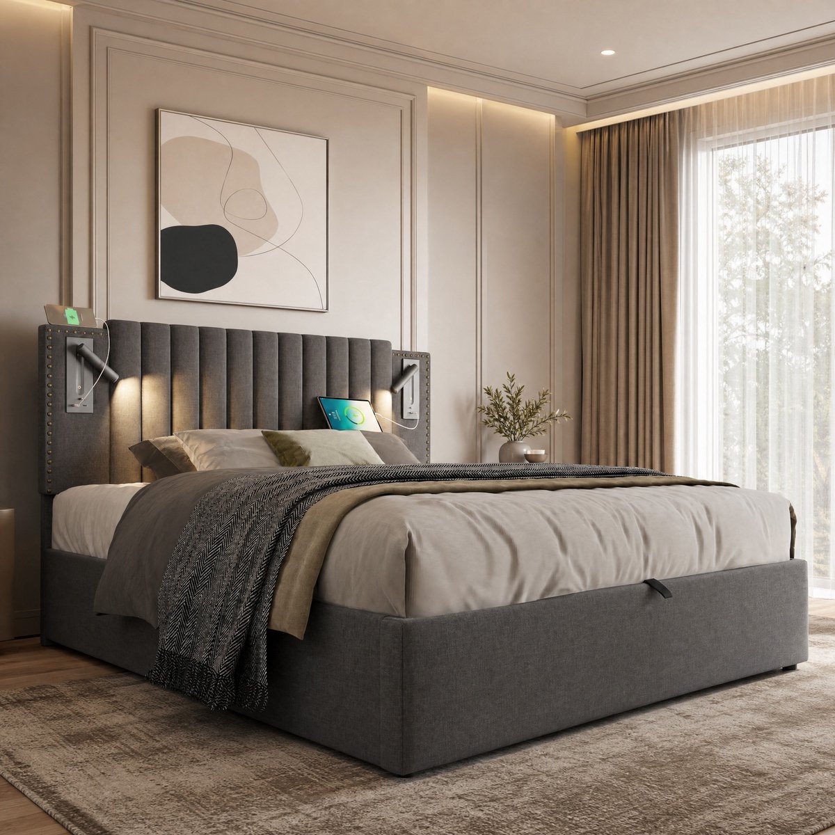 COVREO Bed met opbergruimte en leeslamp – 140x200 cm – Tweepersoonsbed met USB-C – voor slaapkamer – Grijs - zonder matras