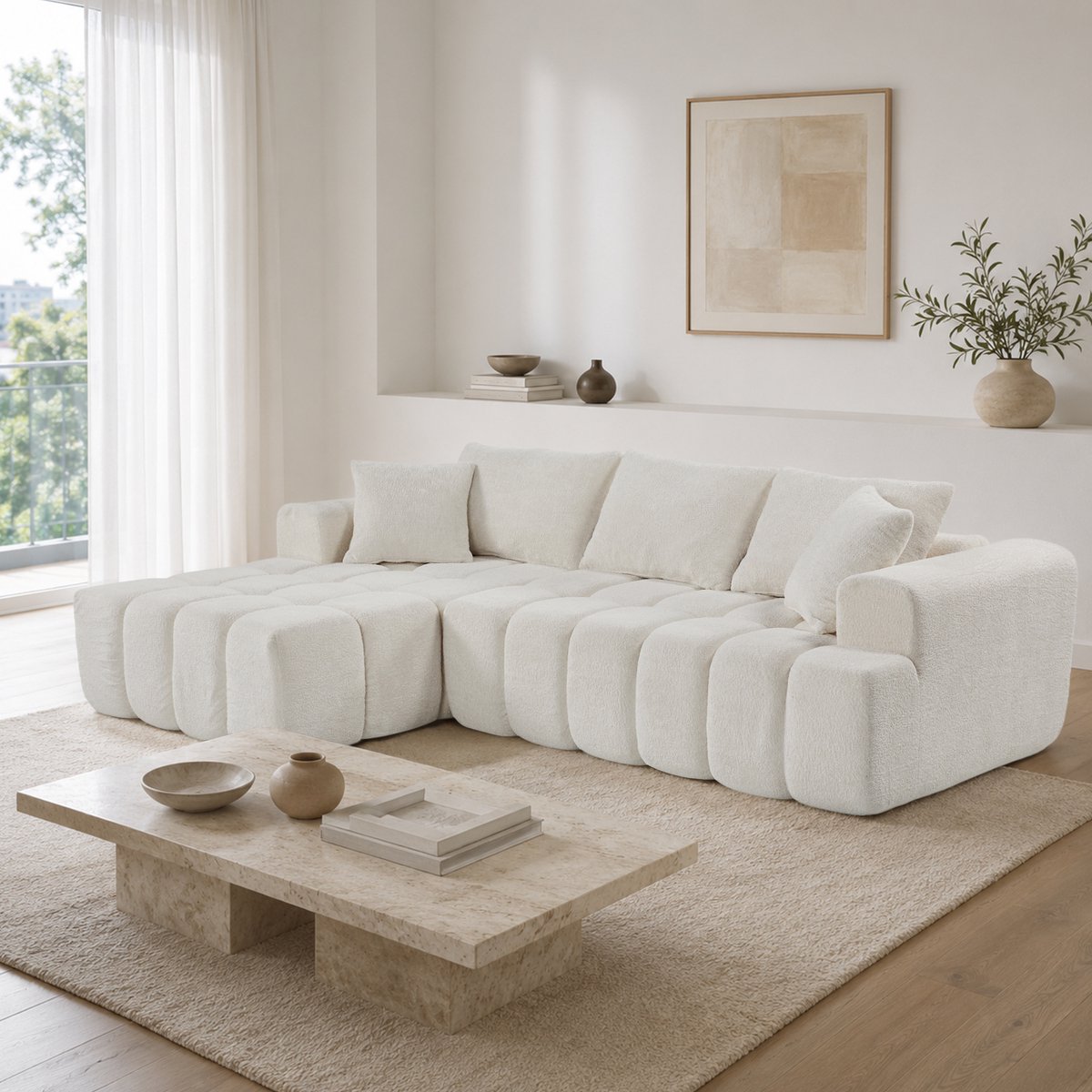 OKWISH Hoekslaapbank 249,94 cm - Modulaire Opstelling met Liggedeelte - Voor Woonkamer of Appartement - Fluweel - Wit