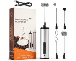 Elektrische Melkopschuimer USB-C Oplaadbaar - 3 Snelheden - 5 Opzetstukken - RVS - Zilver