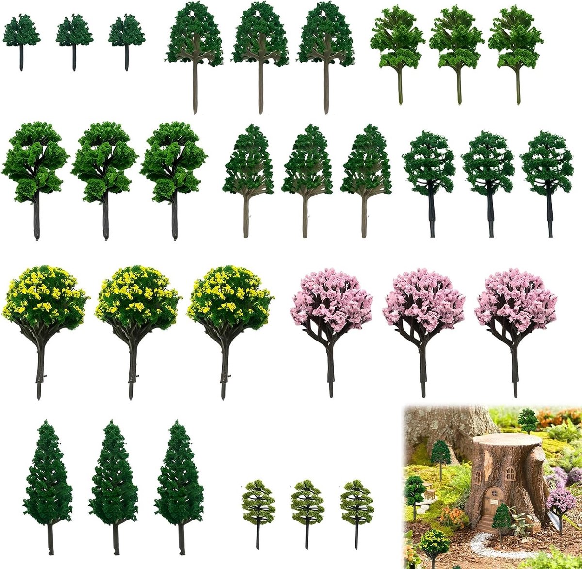 Set van 30 Gemengde Miniatuur Bomen en Str shrubs, 3.5-7 cm, voor Architectuur, Landschapsontwerp en Modelbouw Decoratie