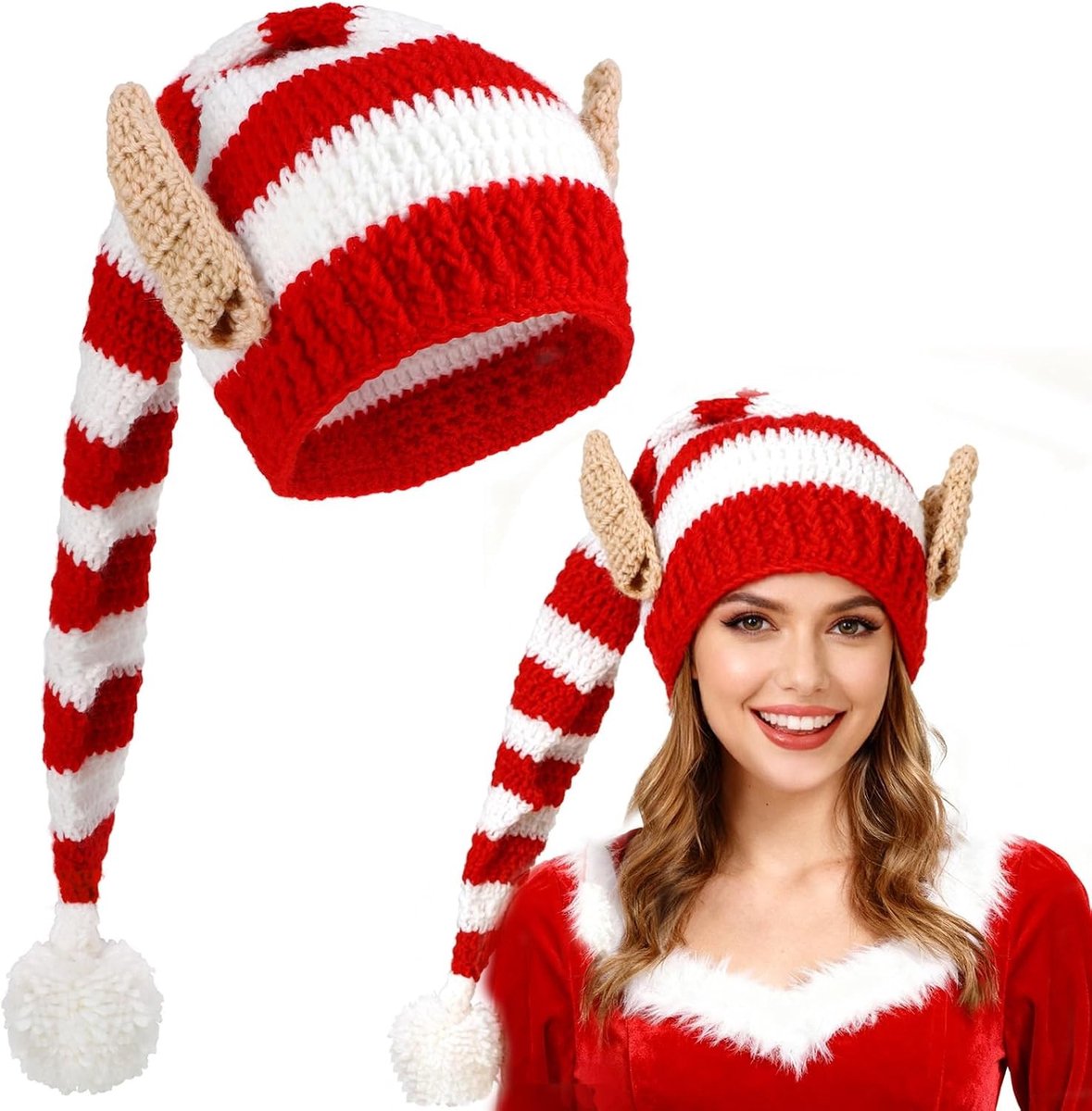 Warme gebreide elfhoeden en oren voor de winter - Kerstaccessoires voor volwassenen en kinderen, feestelijke kostuumhoeden en leuke partyartikelen