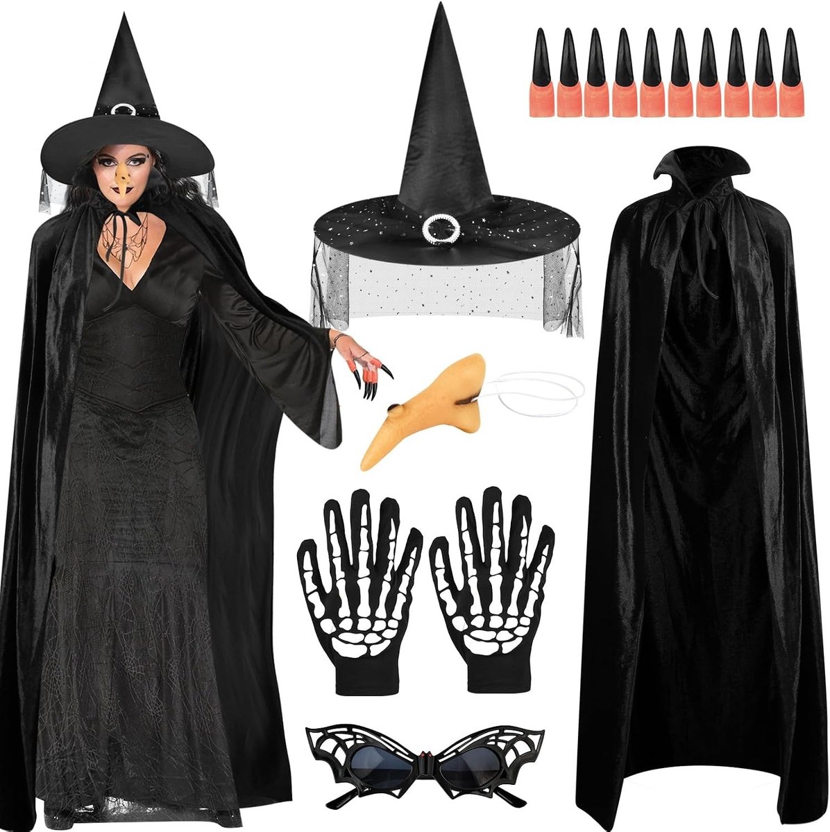 Vrouwelijk Halloween Kostuum met Cape, Hoed, Skelet Handschoenen en Accessoires voor een Magische Look