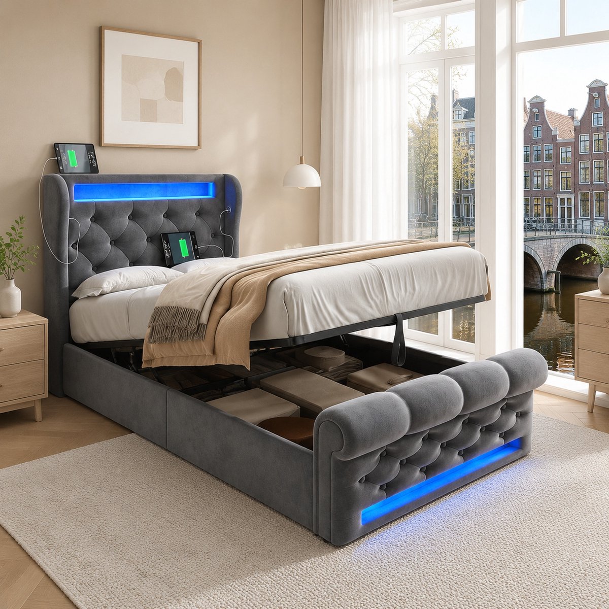 WUVRIE Modern Polsterbett 90x200cm Eenpersoonsbed, Grau Velvet, Hydraulisch Opbergbord, LED-Verlichting, USB-C Laadstation Grijs