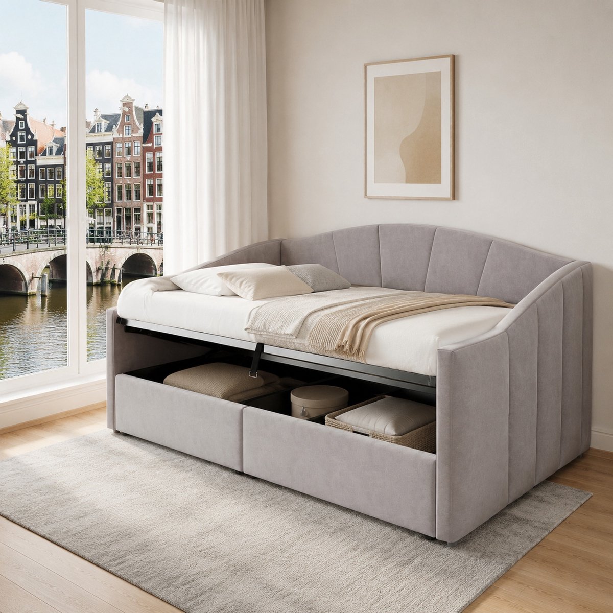 WUVRIE Slaapbank 90x200 cm - Multifunctioneel bedbank met hydraulische opbergruimte, lattenbodem, armleuningen en klassieke streepdesign in lichtgrijs stof Hellgrau